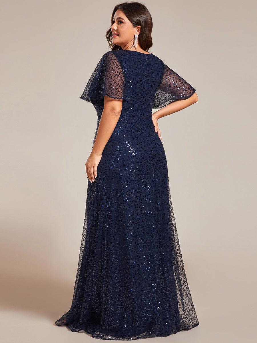 pretty ARIA|Plus Size V-Neck Sequined A-Line Evening Dresses with Ruffles Sleeves - Image 7