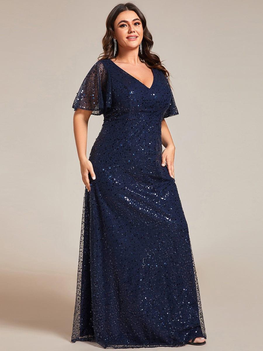 pretty ARIA|Plus Size V-Neck Sequined A-Line Evening Dresses with Ruffles Sleeves - Image 9