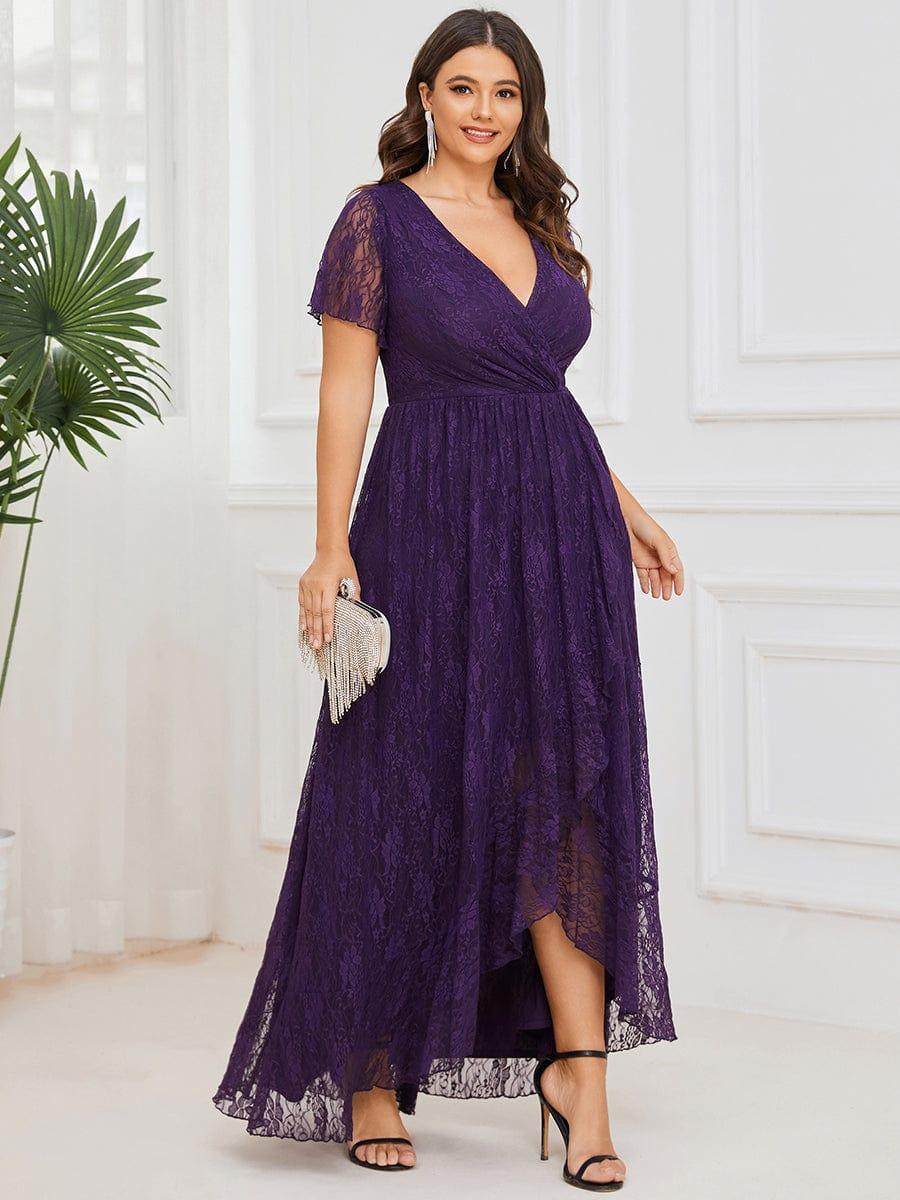 pretty ELISE|Plus Size V-Neck Short Sleeve Pleated Ruffled Lace Evening Dress - Image 12