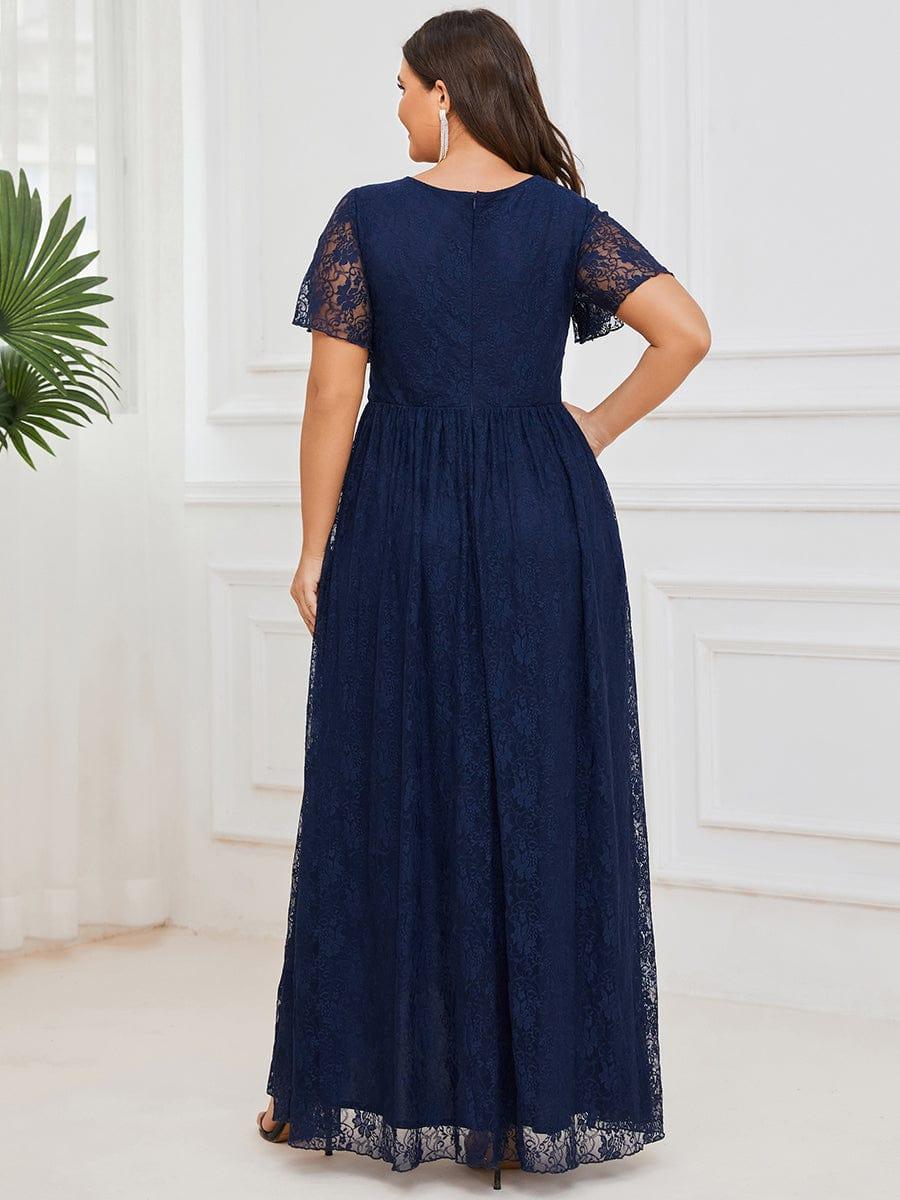 pretty ELISE|Plus Size V-Neck Short Sleeve Pleated Ruffled Lace Evening Dress - Image 16