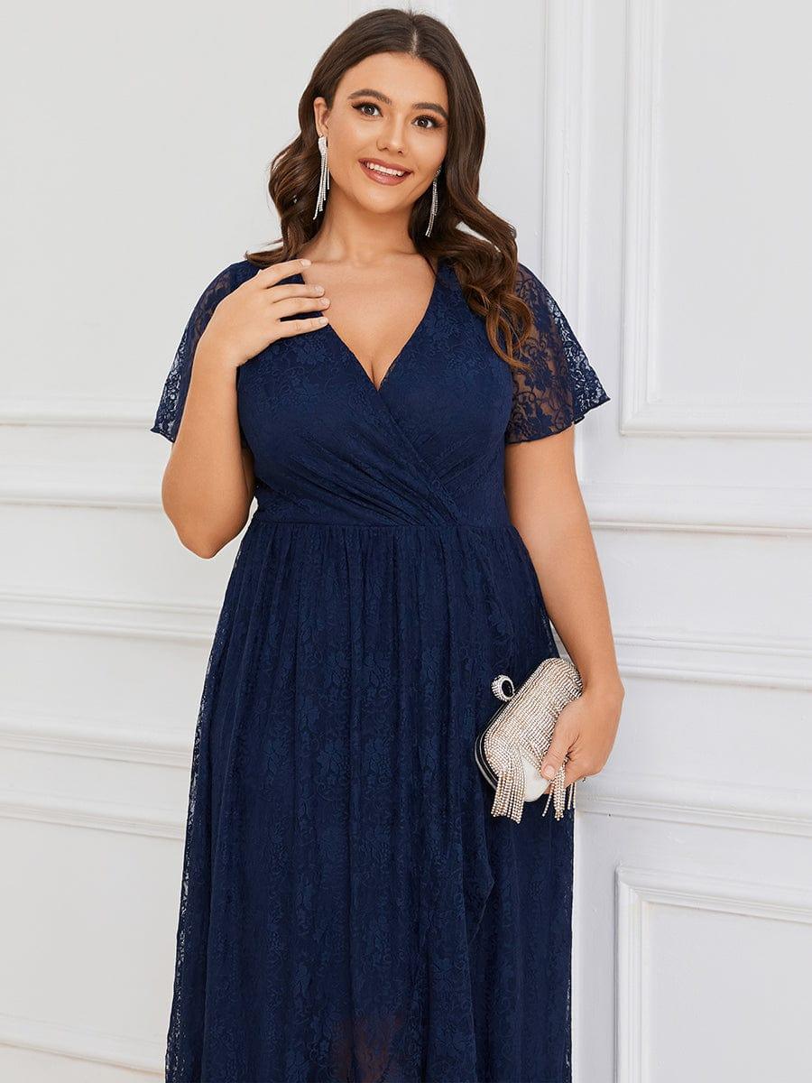 pretty ELISE|Plus Size V-Neck Short Sleeve Pleated Ruffled Lace Evening Dress - Image 18