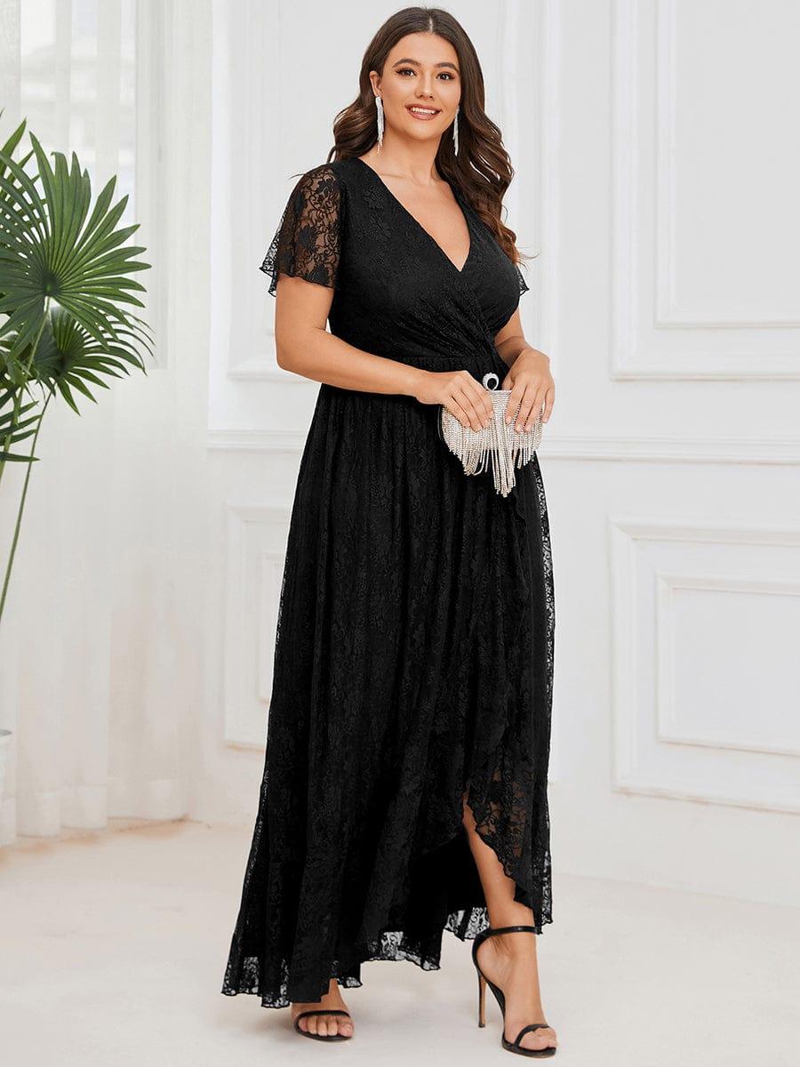 pretty ELISE|Plus Size V-Neck Short Sleeve Pleated Ruffled Lace Evening Dress - Image 26