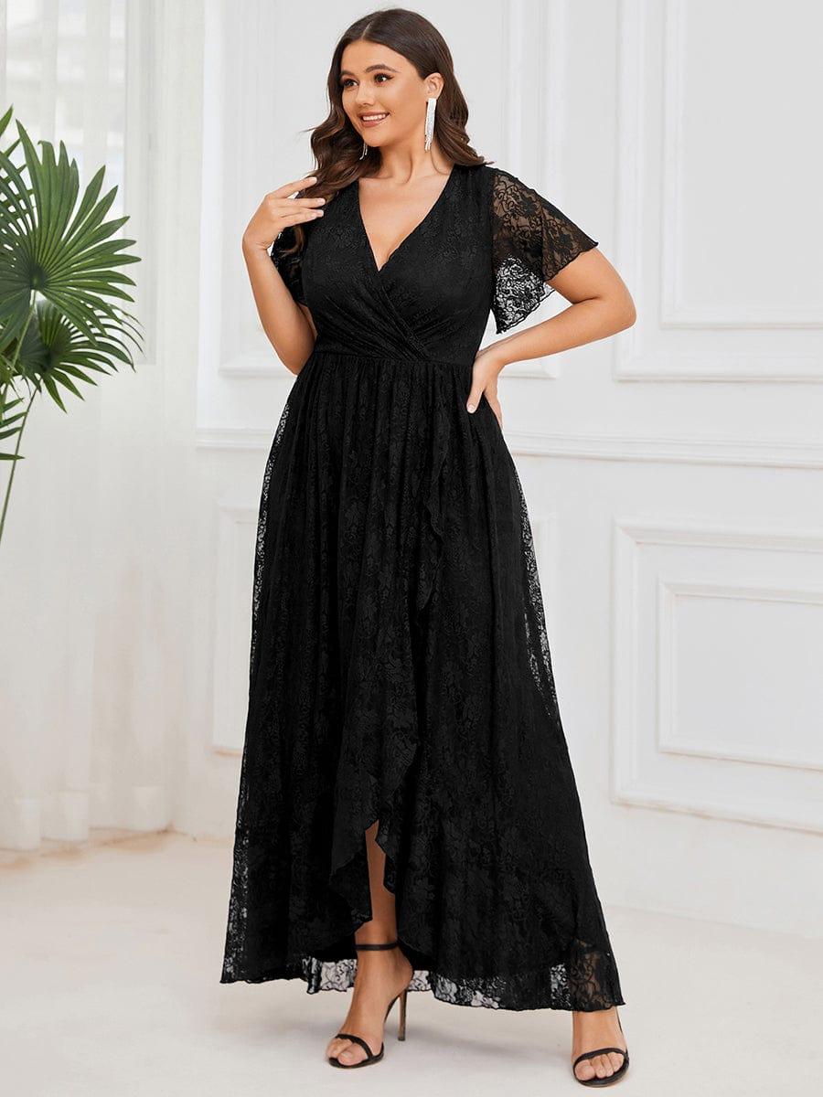 pretty ELISE|Plus Size V-Neck Short Sleeve Pleated Ruffled Lace Evening Dress - Image 27