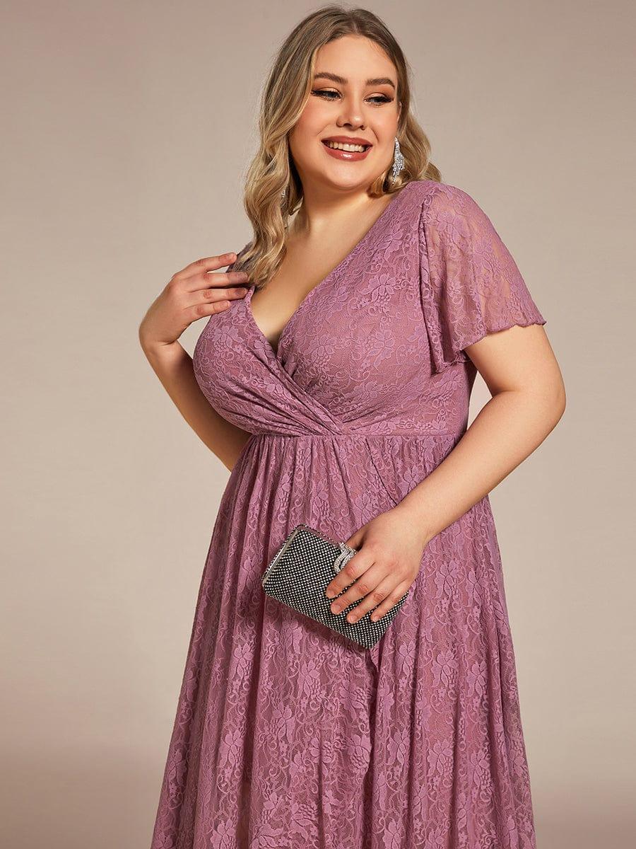 pretty ELISE|Plus Size V-Neck Short Sleeve Pleated Ruffled Lace Evening Dress - Image 30