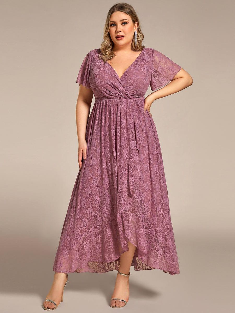 pretty ELISE|Plus Size V-Neck Short Sleeve Pleated Ruffled Lace Evening Dress - Image 31
