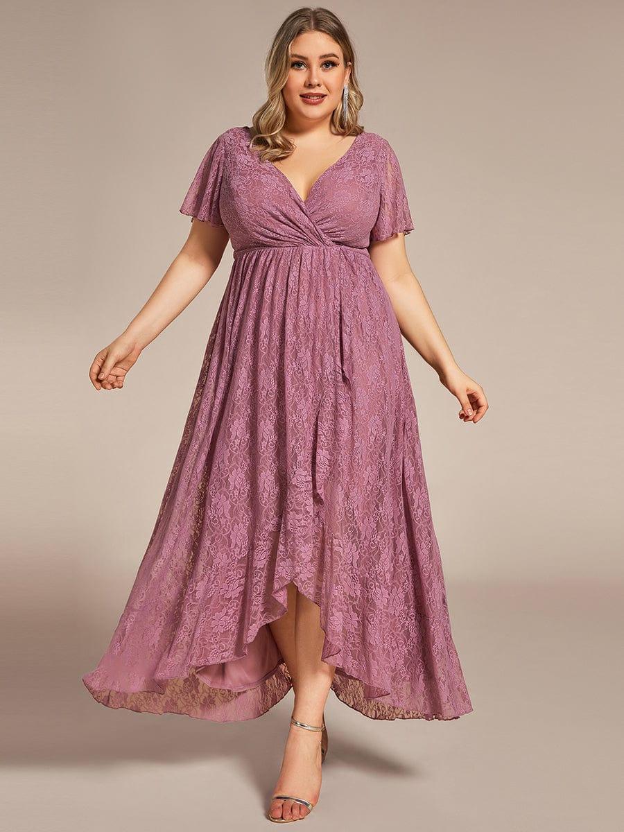 pretty ELISE|Plus Size V-Neck Short Sleeve Pleated Ruffled Lace Evening Dress - Image 32