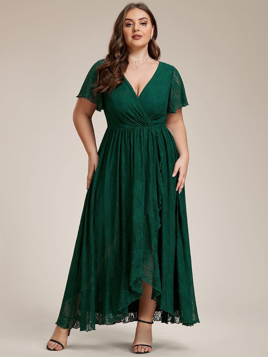 pretty ELISE|Plus Size V-Neck Short Sleeve Pleated Ruffled Lace Evening Dress - Image 36