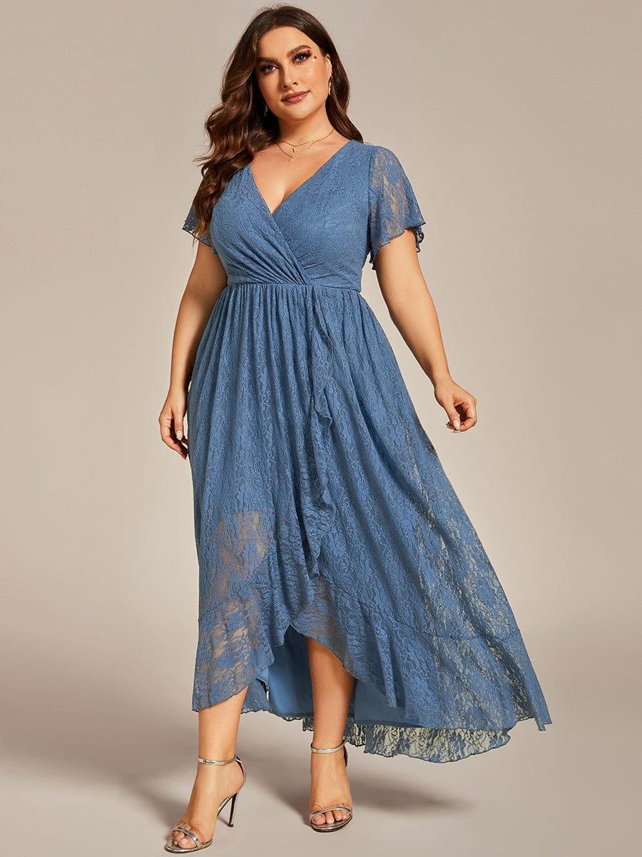 pretty ELISE|Plus Size V-Neck Short Sleeve Pleated Ruffled Lace Evening Dress - Image 41
