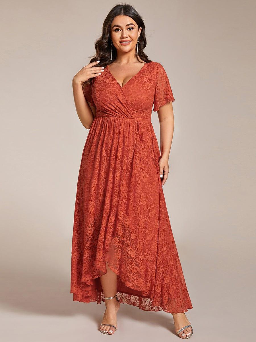 pretty ELISE|Plus Size V-Neck Short Sleeve Pleated Ruffled Lace Evening Dress - Image 44