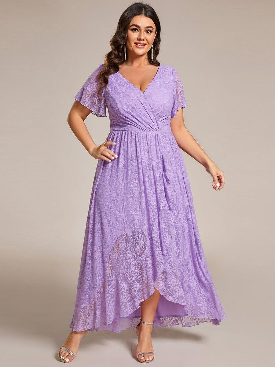 pretty ELISE|Plus Size V-Neck Short Sleeve Pleated Ruffled Lace Evening Dress - Image 46