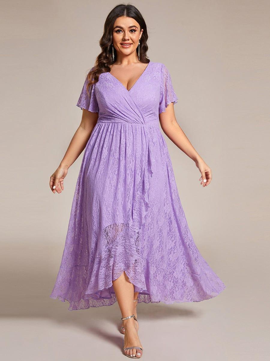 pretty ELISE|Plus Size V-Neck Short Sleeve Pleated Ruffled Lace Evening Dress - Image 50