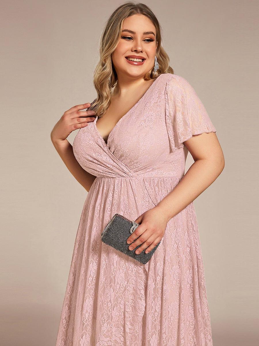 pretty ELISE|Plus Size V-Neck Short Sleeve Pleated Ruffled Lace Evening Dress - Image 53