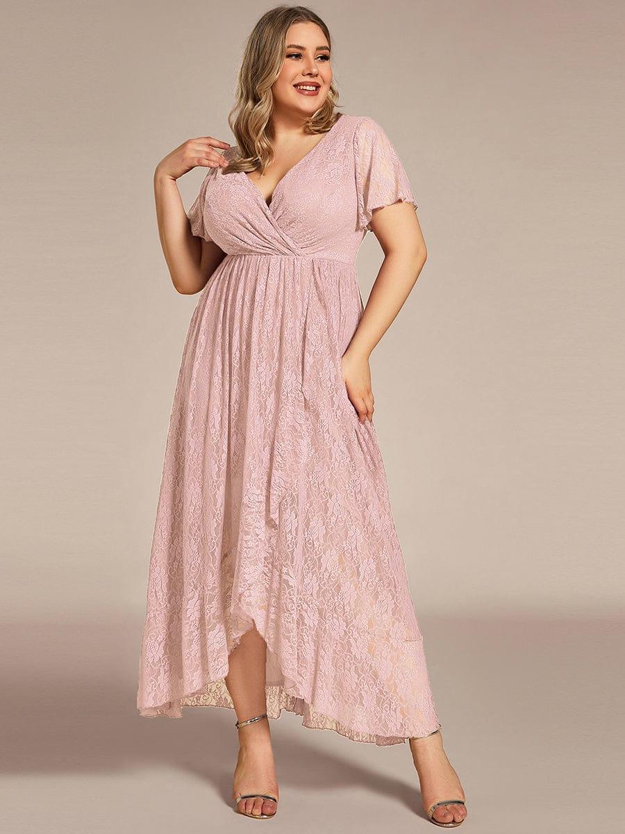 pretty ELISE|Plus Size V-Neck Short Sleeve Pleated Ruffled Lace Evening Dress - Image 54