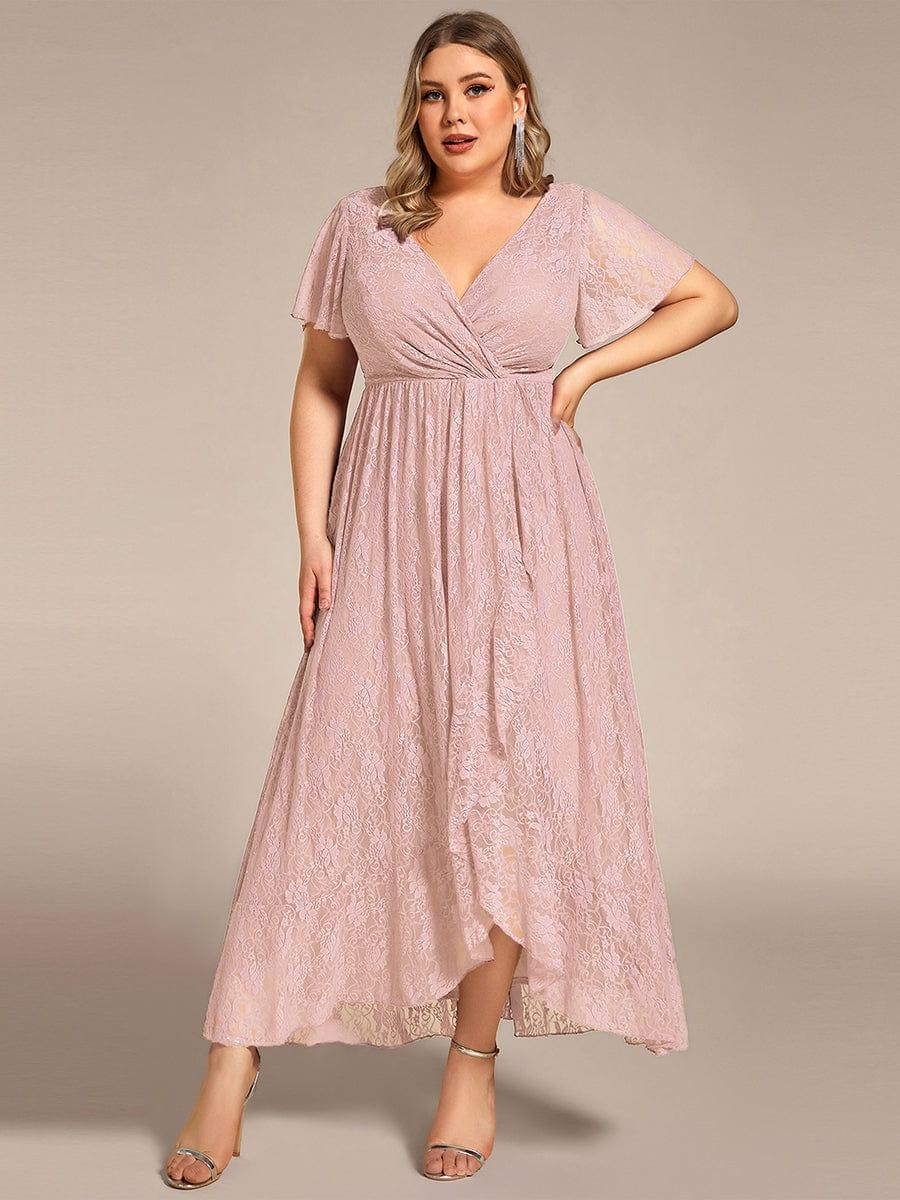 pretty ELISE|Plus Size V-Neck Short Sleeve Pleated Ruffled Lace Evening Dress - Image 55