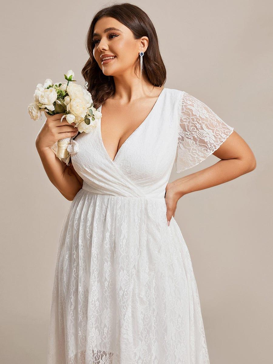 pretty ELISE|Plus Size V-Neck Short Sleeve Pleated Ruffled Lace Evening Dress - Image 7