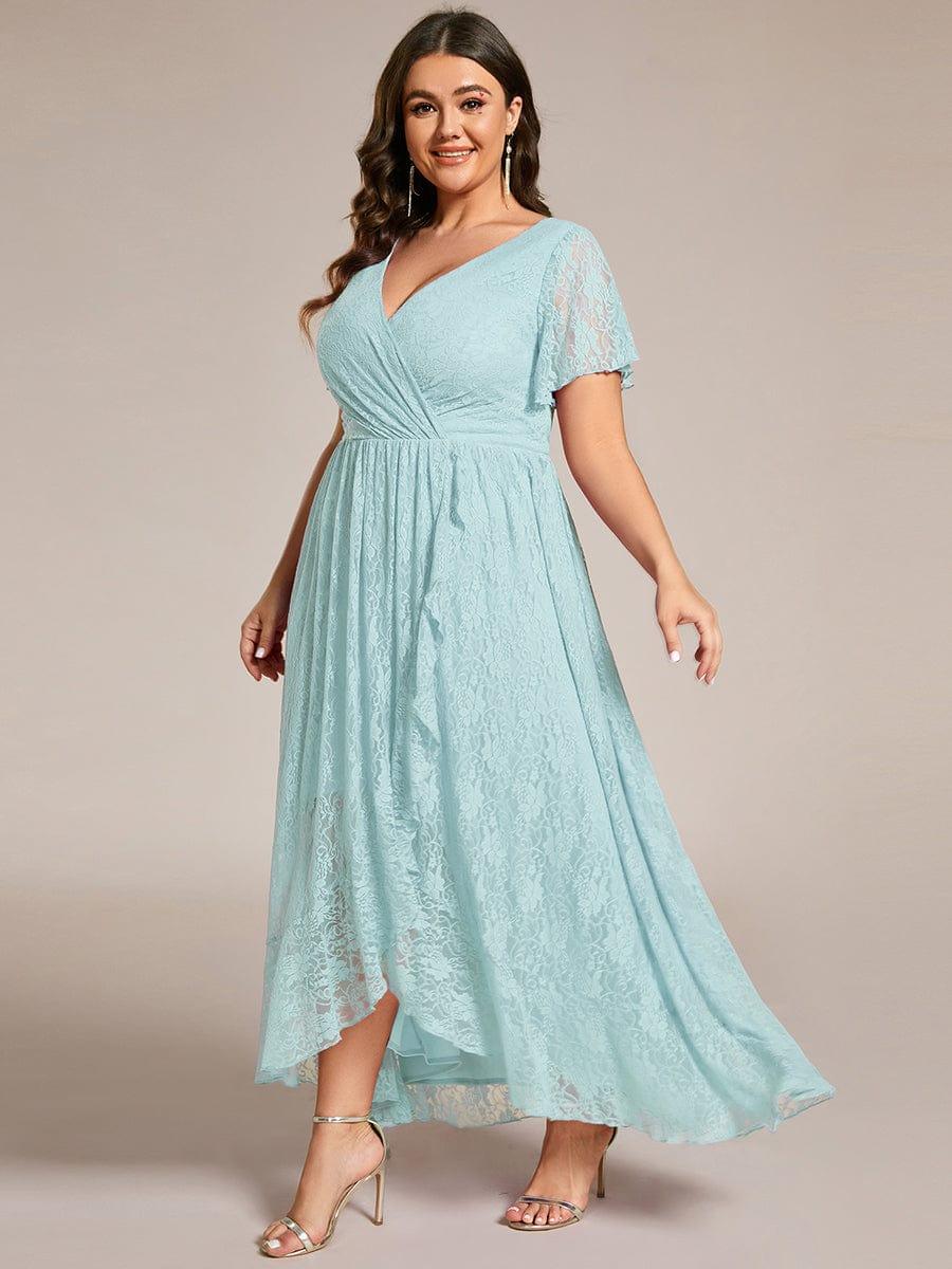 pretty ELISE|Plus Size V-Neck Short Sleeve Pleated Ruffled Lace Evening Dress - Image 70
