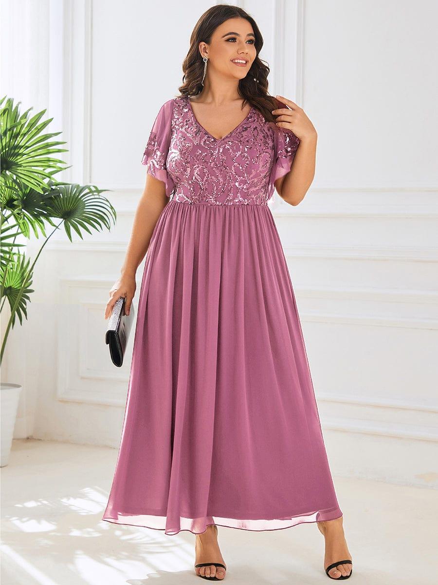pretty HAZEL|Plus Size V-Neck Short Sleeve Sequin Bodice Mother of the Bride Dress - Image 21