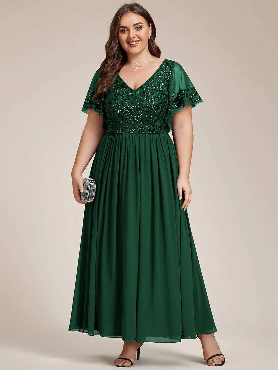 pretty HAZEL|Plus Size V-Neck Short Sleeve Sequin Bodice Mother of the Bride Dress - Image 30