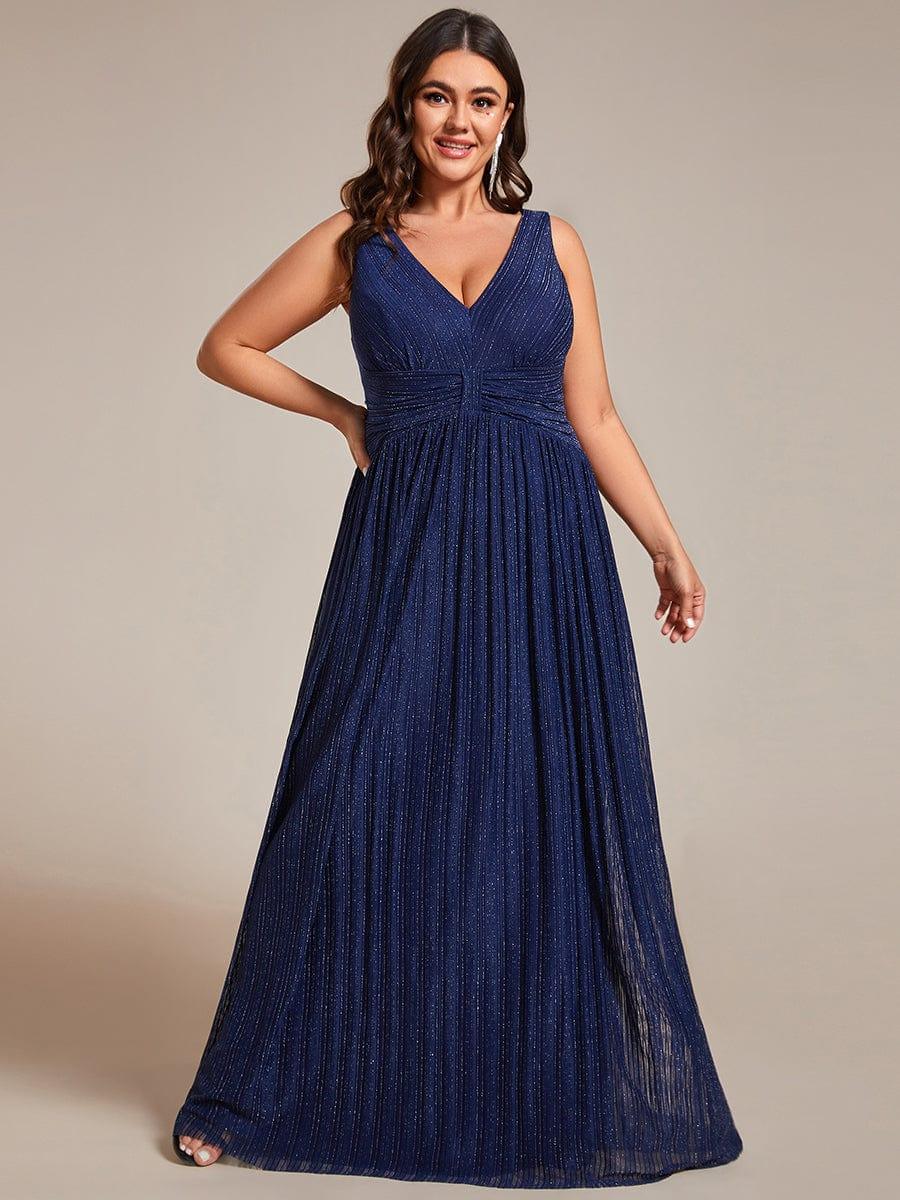 Plus Size V-Neck Sleeveless A-Line Evening Dress with Subtle Glitter - Image 16