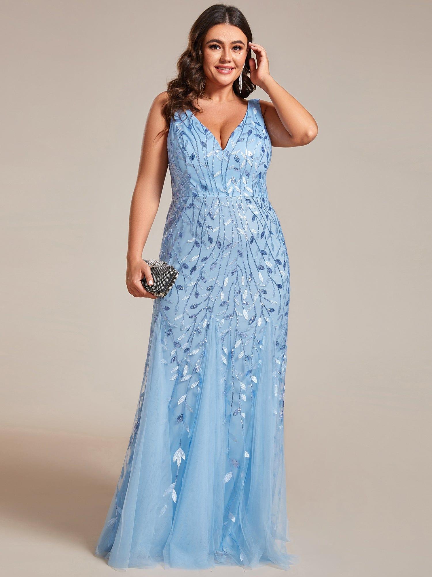 pretty ORIEL|Plus Size Women's V-Neck Fishtail Sequin Evening Dress - Image 51