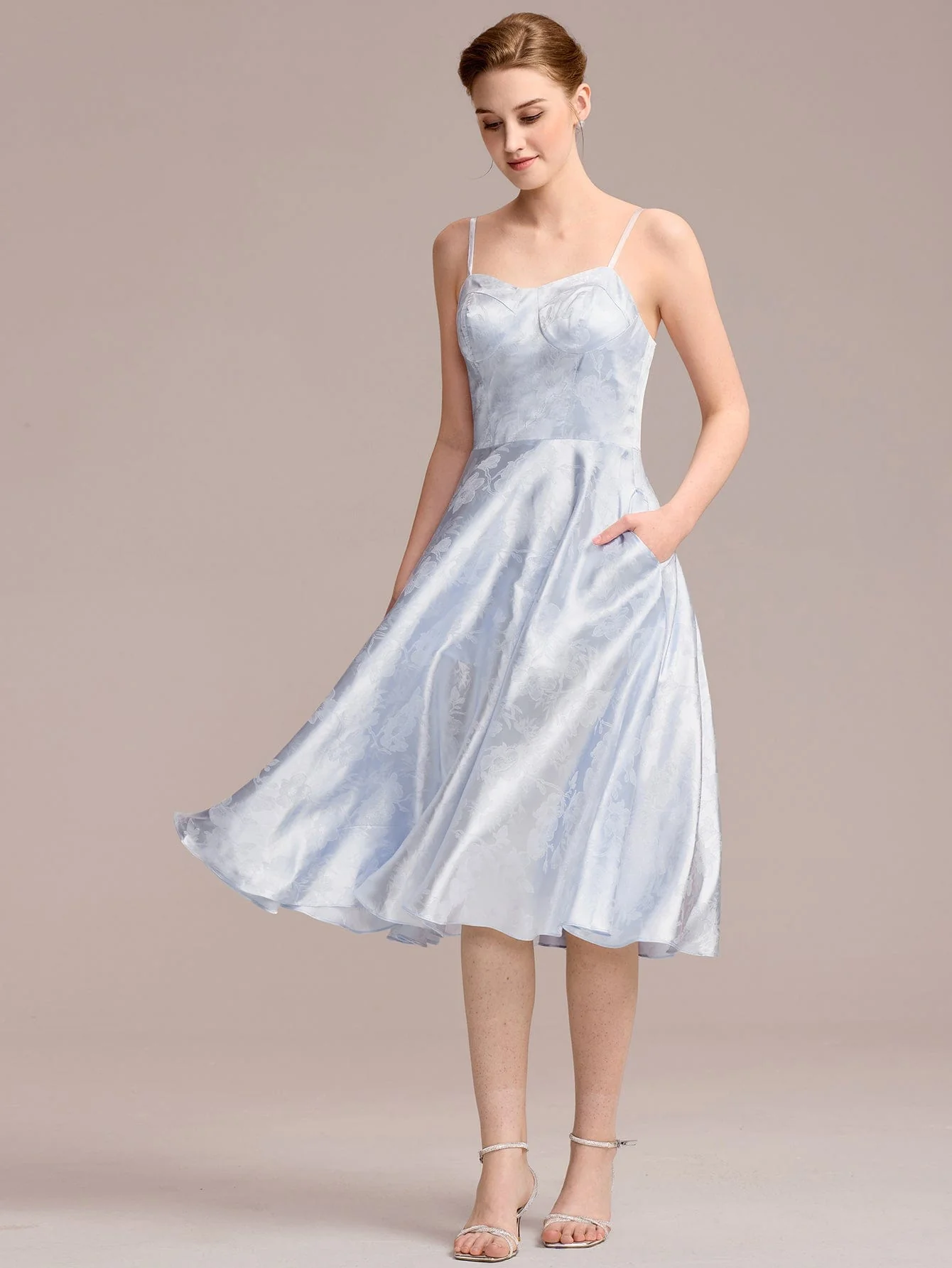 Floral Satin Sling Guest Dress with Pockets - Image 5