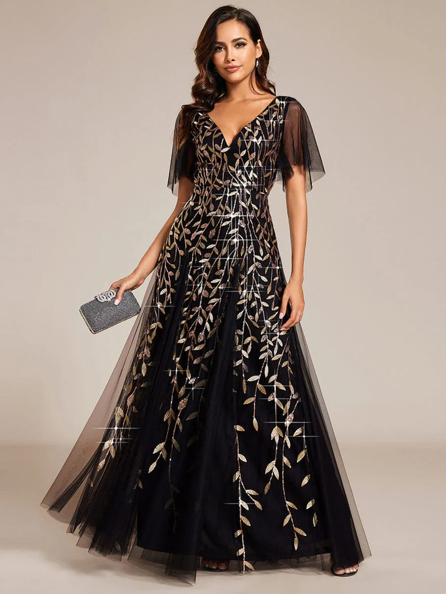 ever ASTRAL|Romantic Shimmery V Neck Ruffle Sleeves Maxi Long Evening Gowns - Image 153