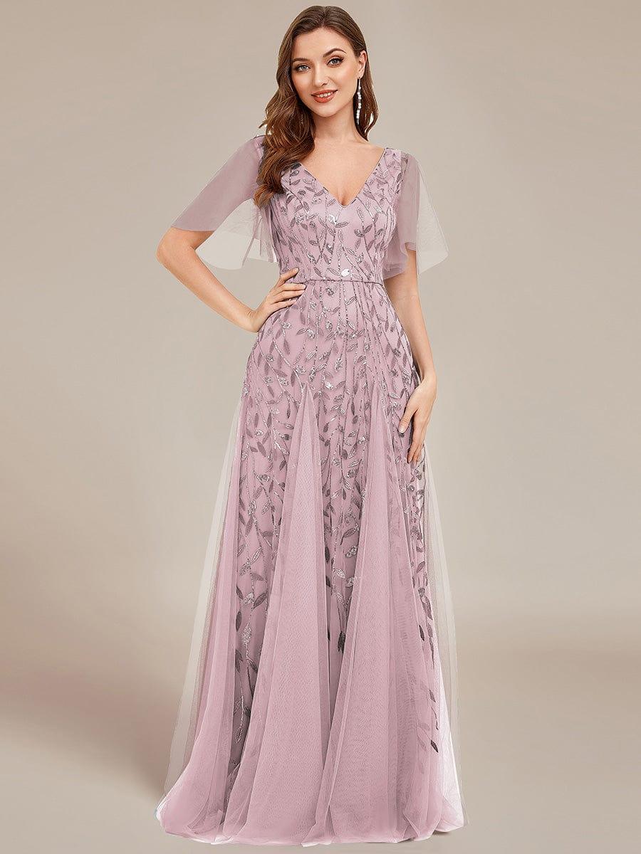 ever ASTRAL|Romantic Shimmery V Neck Ruffle Sleeves Maxi Long Evening Gowns - Image 159