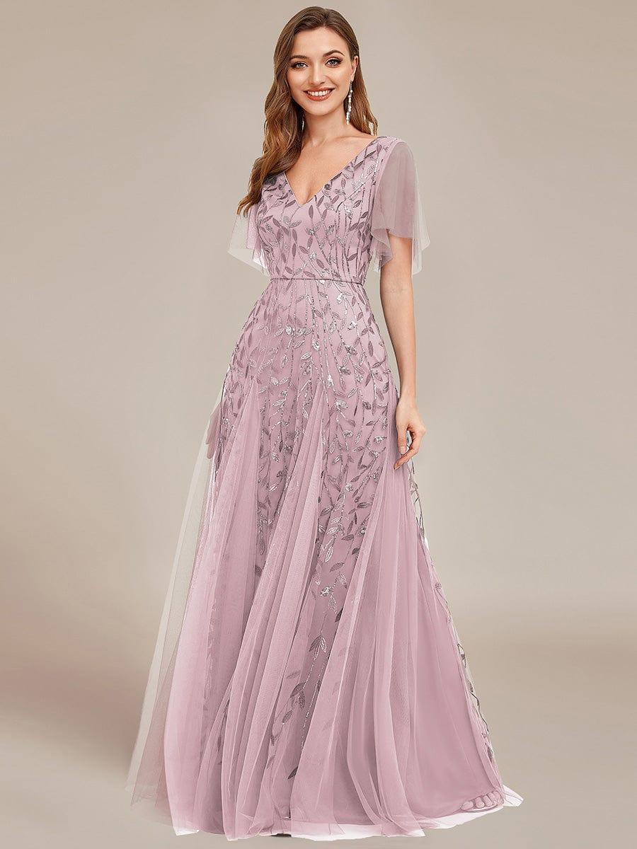ever ASTRAL|Romantic Shimmery V Neck Ruffle Sleeves Maxi Long Evening Gowns - Image 161