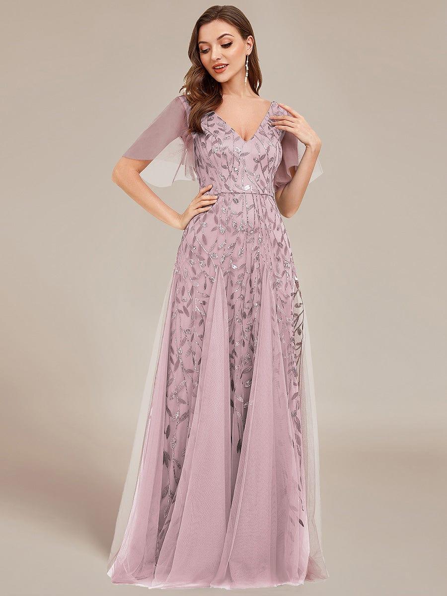 ever ASTRAL|Romantic Shimmery V Neck Ruffle Sleeves Maxi Long Evening Gowns - Image 162