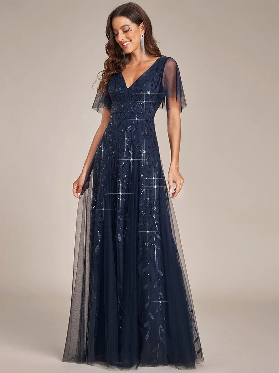 ever ASTRAL|Romantic Shimmery V Neck Ruffle Sleeves Maxi Long Evening Gowns - Image 54