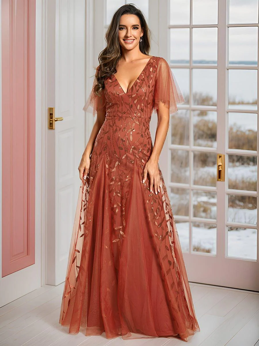 ever ASTRAL|Stunning V Neck Long Wedding Guest Dress with Ruffle Sleeves - Image 113