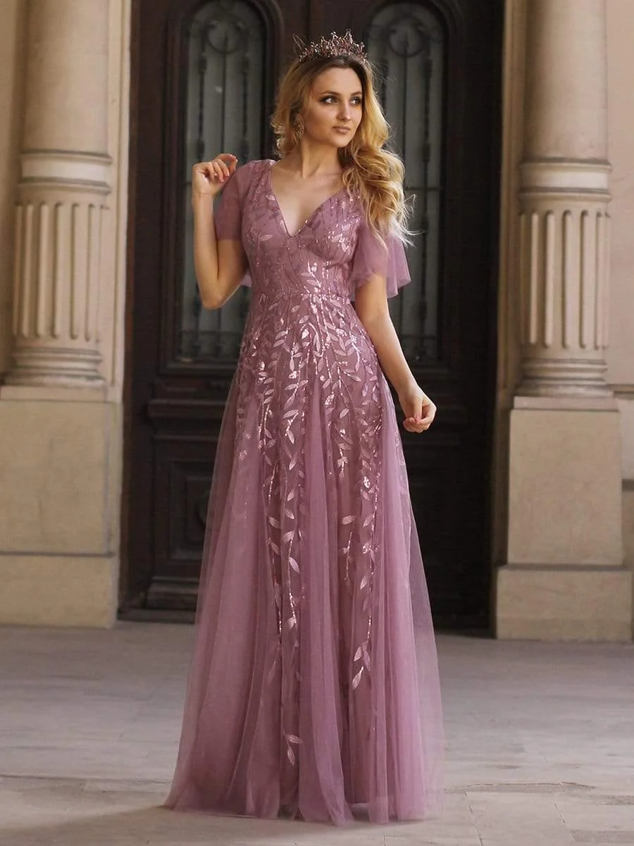 ever ASTRAL|Stunning V Neck Long Wedding Guest Dress with Ruffle Sleeves - Image 94