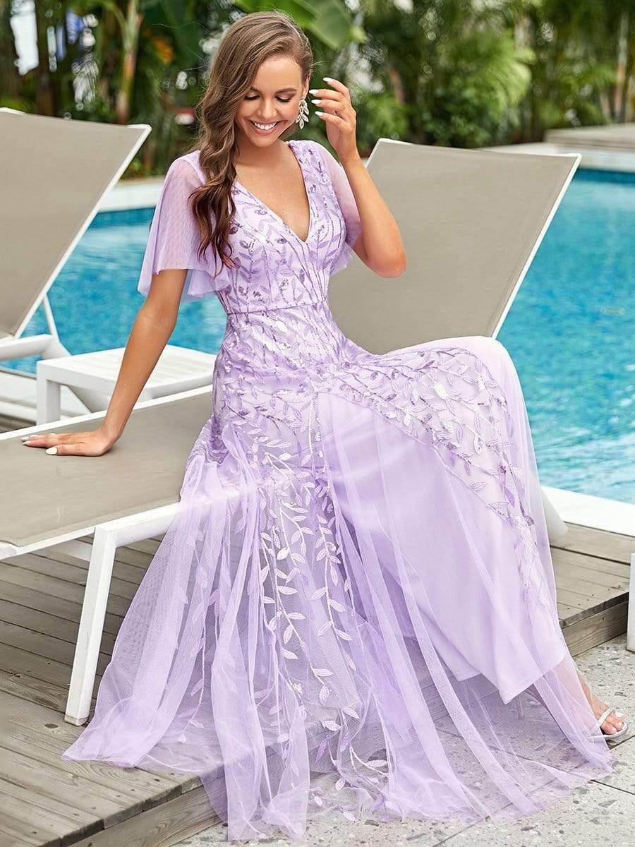ever ASTRAL|Stunning V Neck Long Wedding Guest Dress with Ruffle Sleeves - Image 99