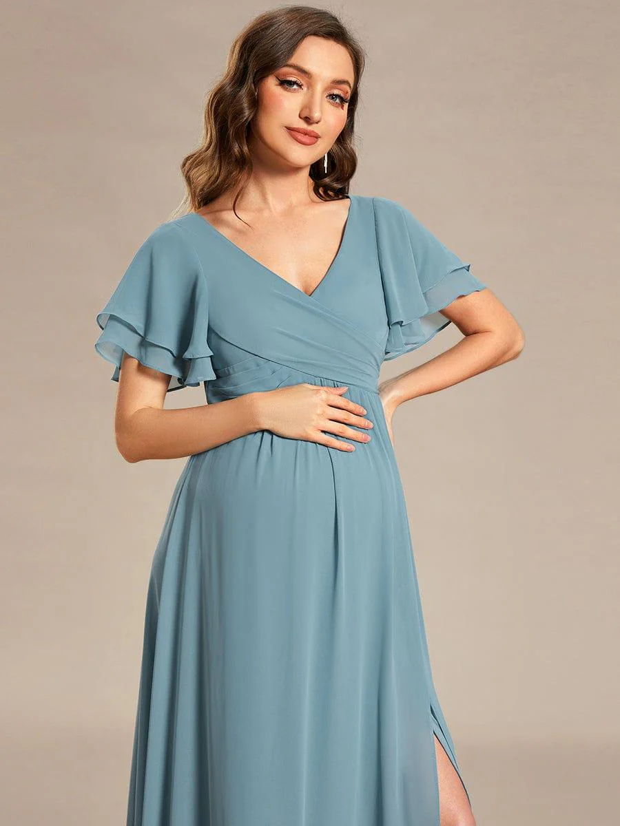 Ruffles Sleeve Front Slit Pleated Chiffon Maternity Dress - Image 3