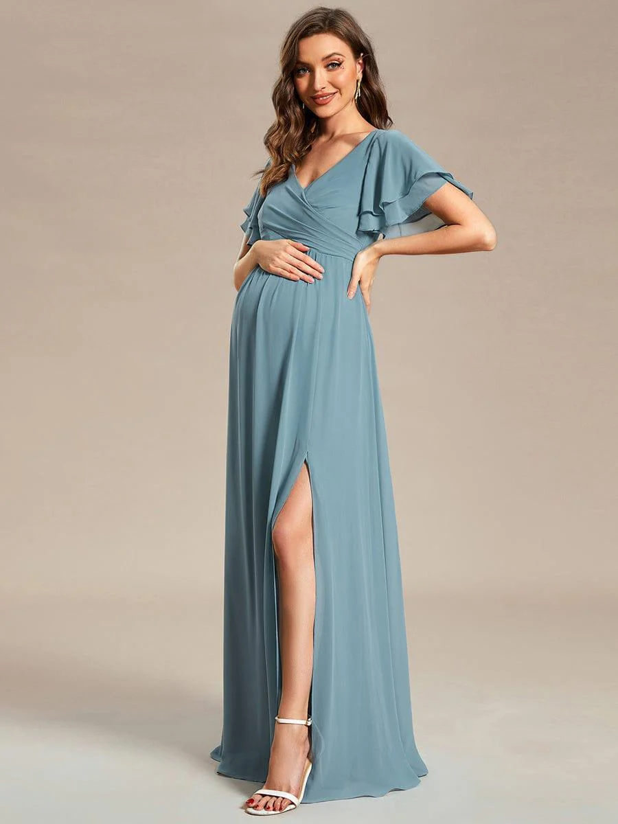 Ruffles Sleeve Front Slit Pleated Chiffon Maternity Dress - Image 4