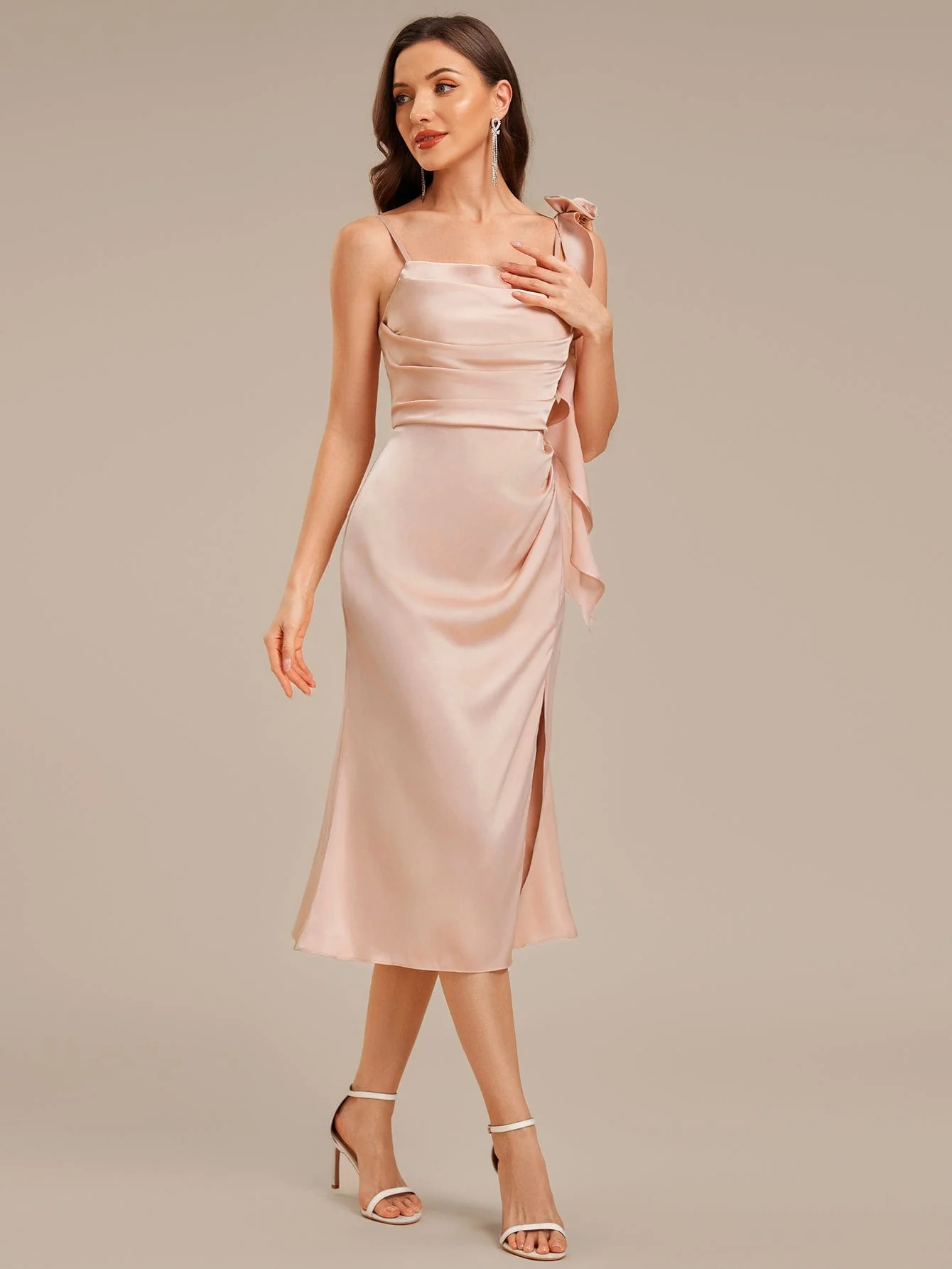 Ruffled Satin Midi Guest Dress with Slit - Image 4
