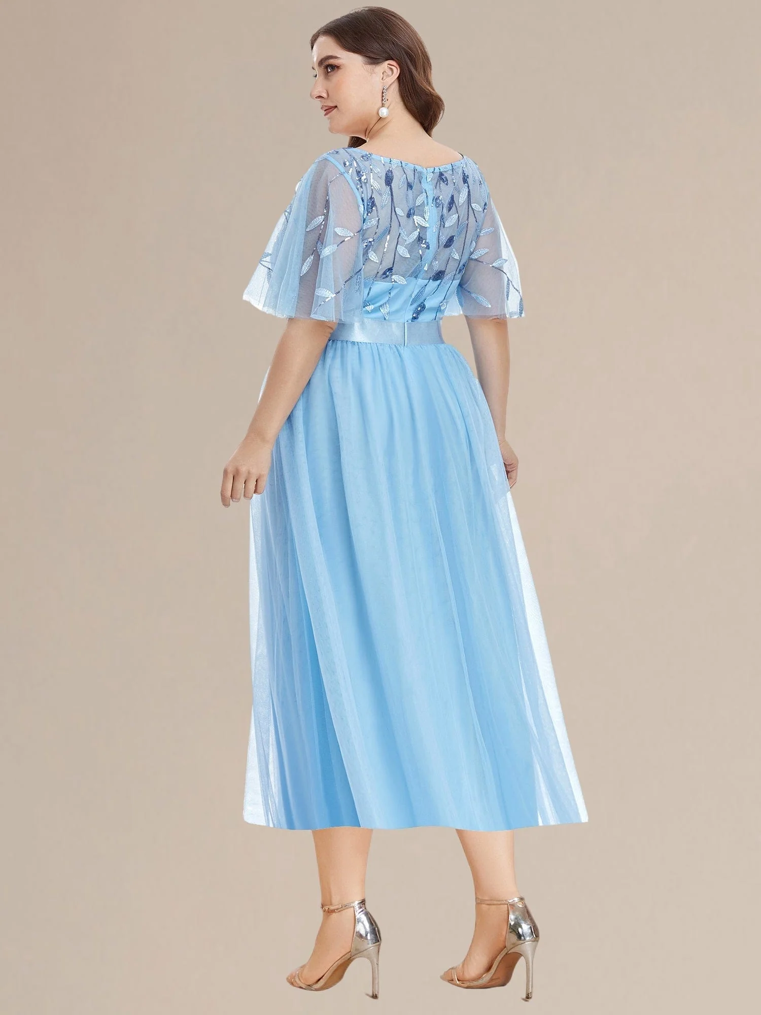 ever TAYLOR|Designer Sequin Leaf Midi Wedding Guest Dress - Image 13