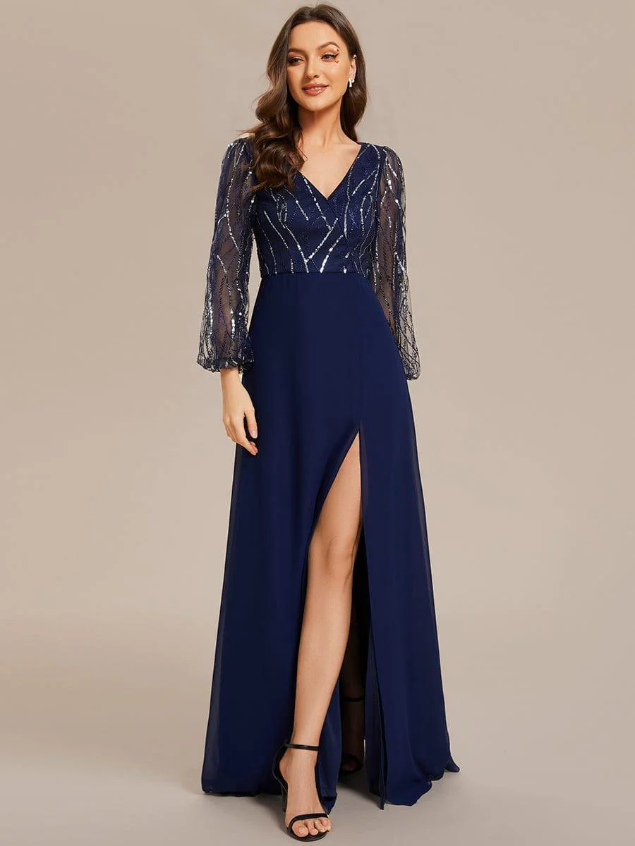 Sequin Long Sleeves A-Line V-Neck Floor-Length Evening Dress - Image 4