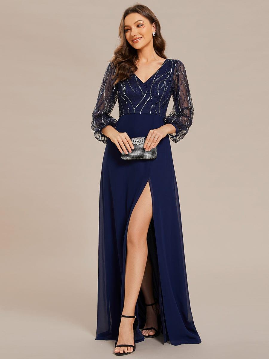 Sequin Long Sleeves A-Line V-Neck Floor-Length Evening Dress - Image 5