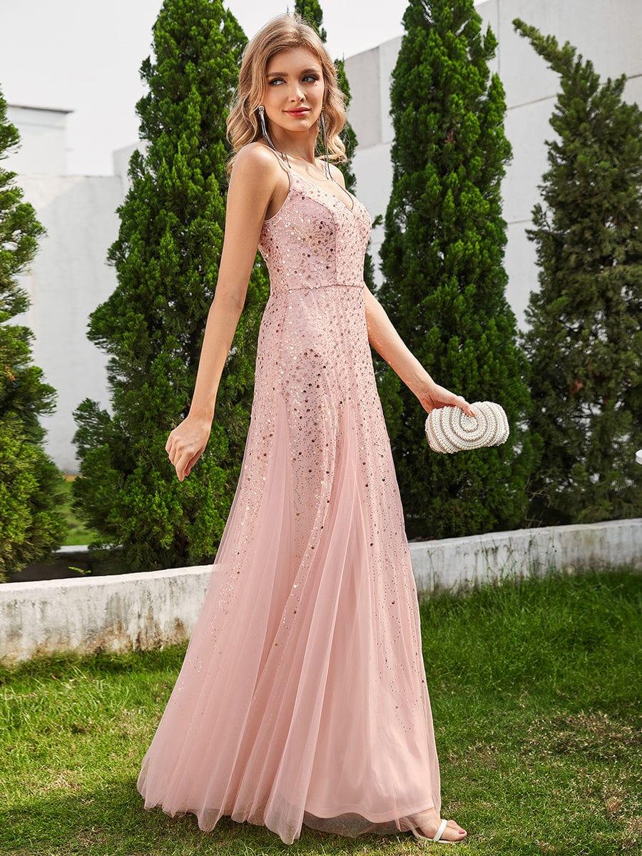 ever BERKLYN|Sequined V-Neck Tulle Sleeveless Dress with Empire Waist In Pink - Image 4
