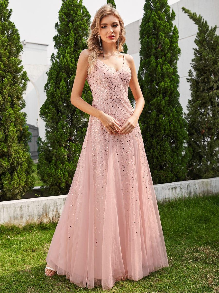 ever BERKLYN|Sequined V-Neck Tulle Sleeveless Dress with Empire Waist In Pink - Image 5