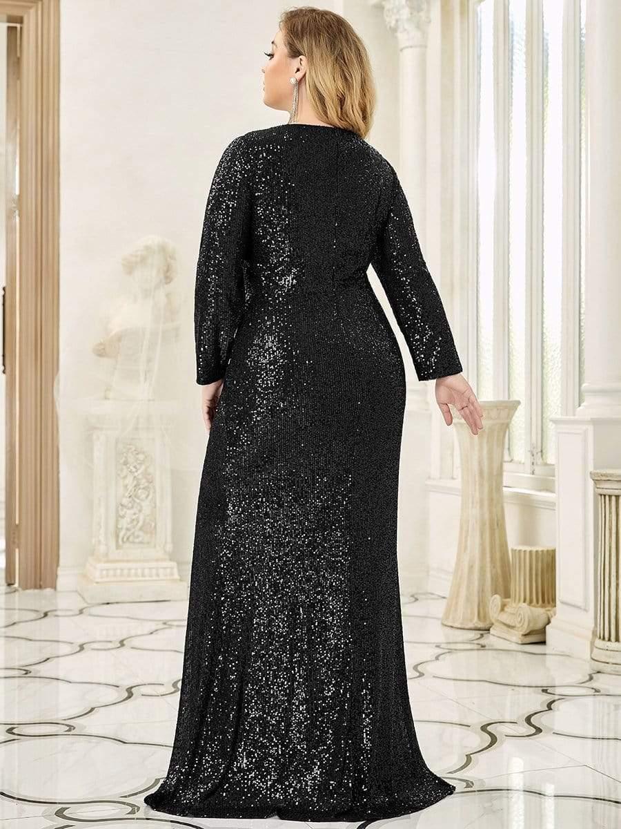 ever NYX|Shiny V Neck Sequin Evening Party Dress with Long Sleeve - Image 14