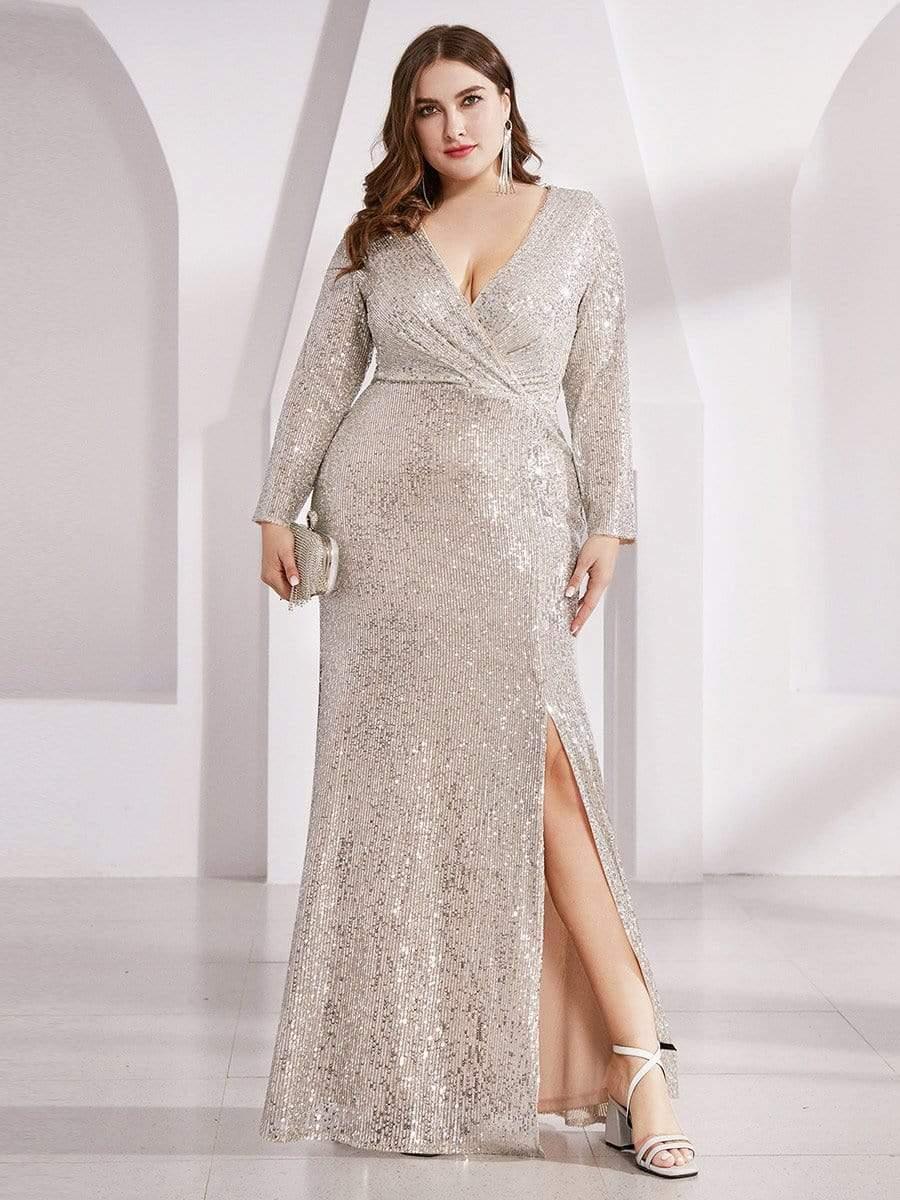 ever NYX|Shiny V Neck Sequin Evening Party Dress with Long Sleeve - Image 22