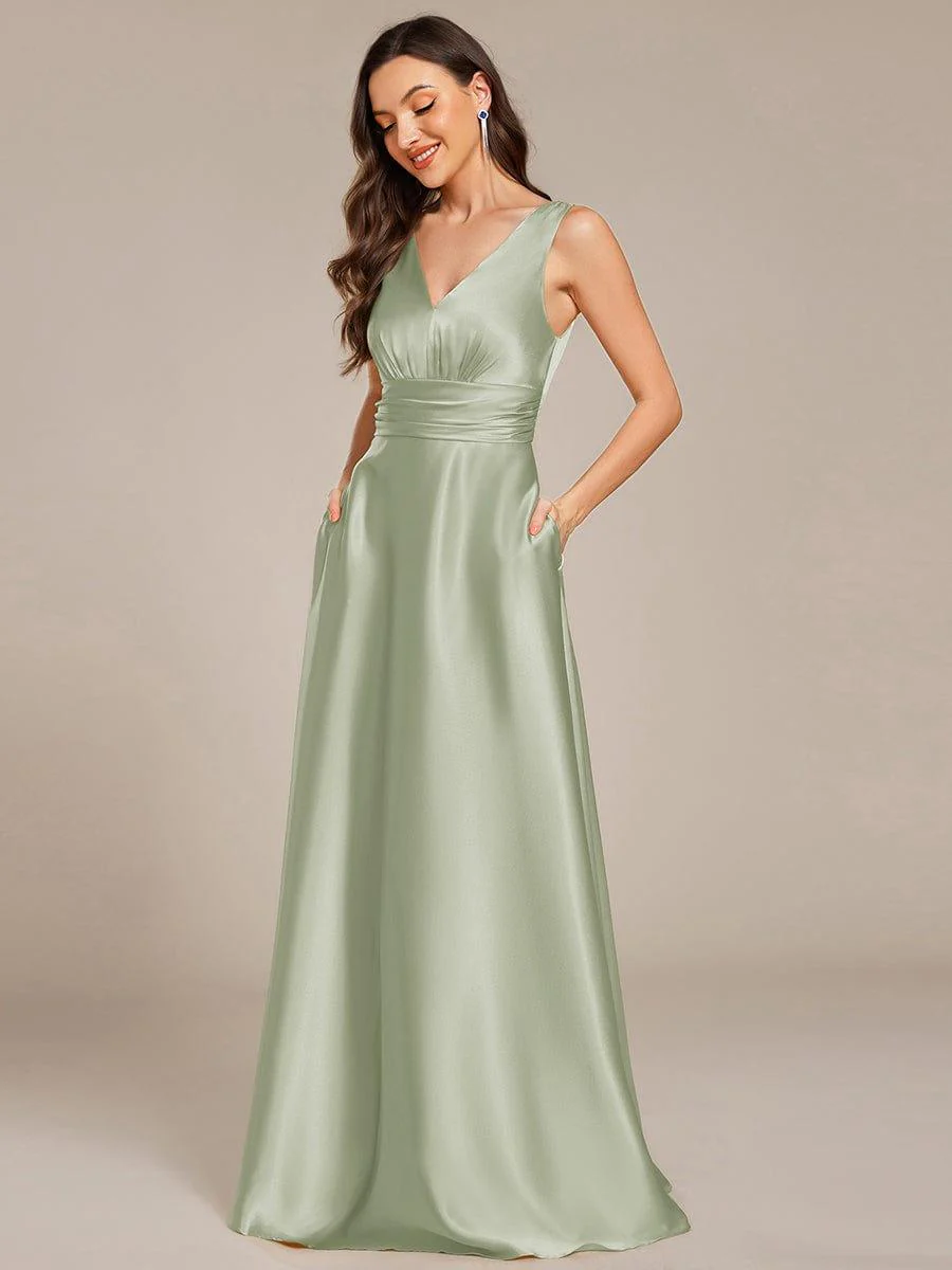 ever INDY|Sleeveless Empire Waist Satin Maxi Bridesmaid Dress With Pockets - Image 56