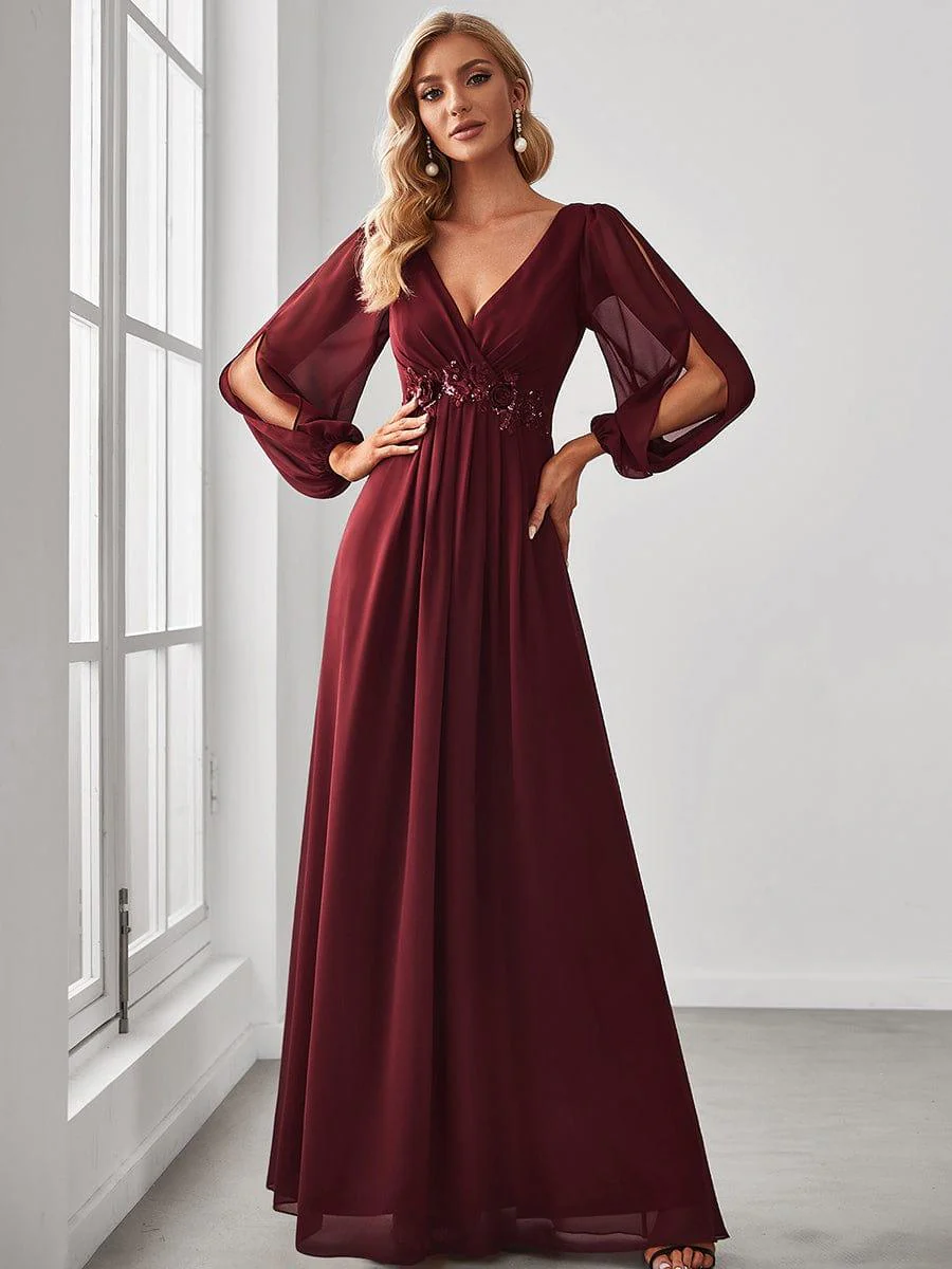 ever AMOUR|Deep V Neck Long Wedding Guest Dress with Long Sleeves - Image 13