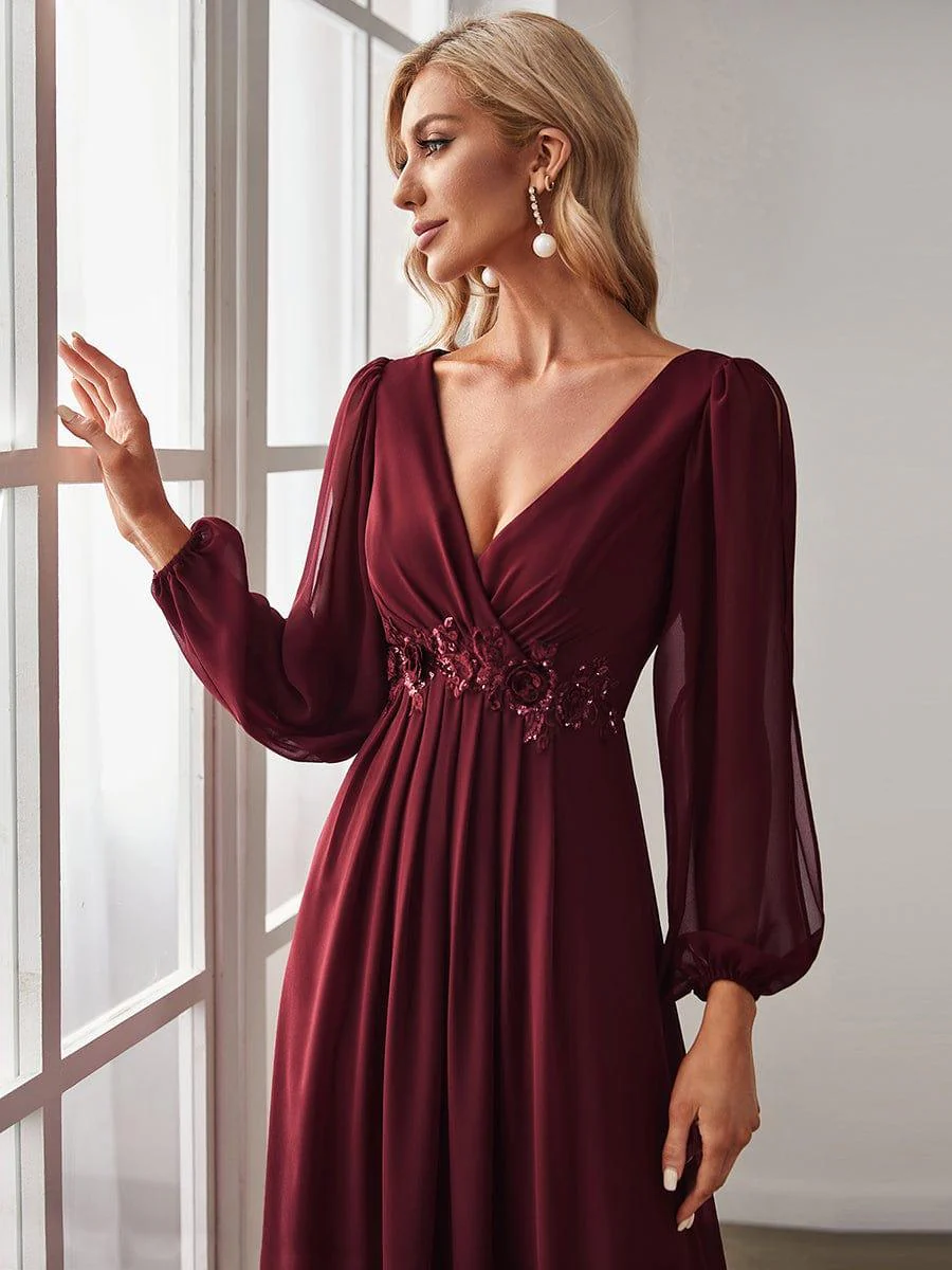 ever AMOUR|Deep V Neck Long Wedding Guest Dress with Long Sleeves - Image 14
