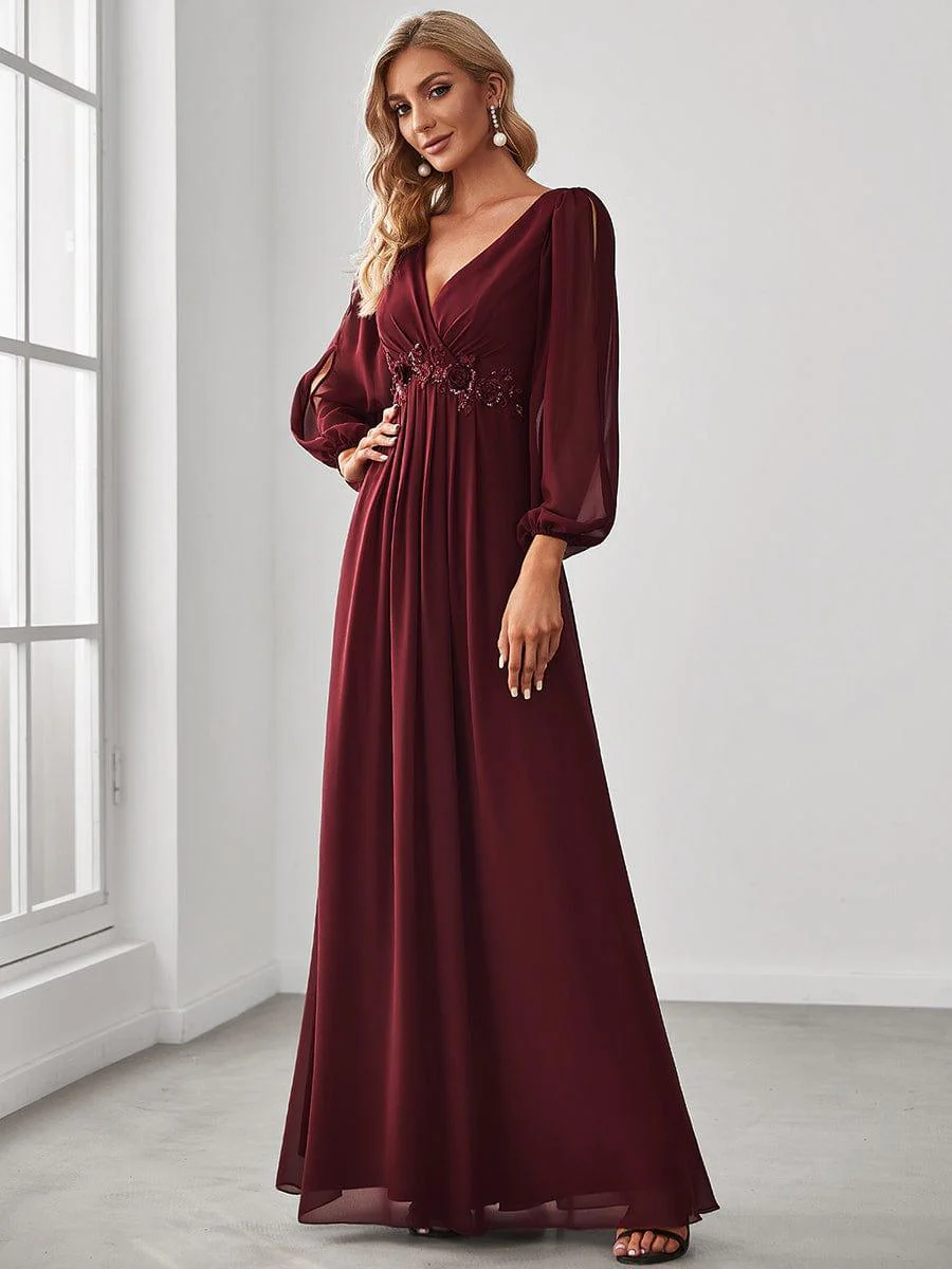 ever AMOUR|Deep V Neck Long Wedding Guest Dress with Long Sleeves - Image 11