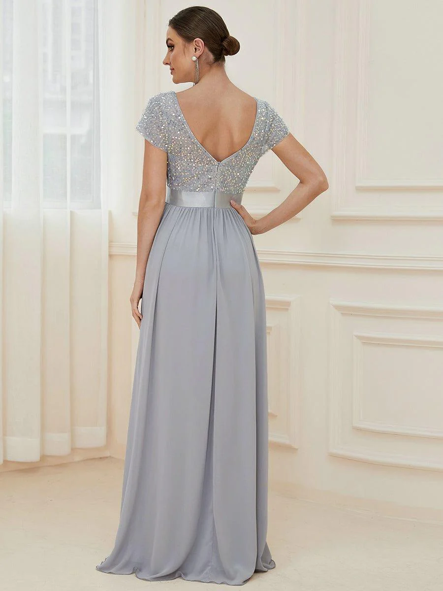 ever MIRAGE|V-Neck Cap Sleeve Sequin & Chiffon Empire Waist Evening Dress - Image 16
