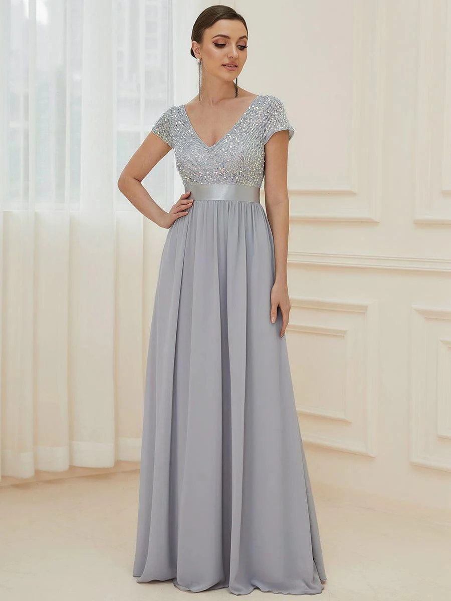 ever MIRAGE|V-Neck Cap Sleeve Sequin & Chiffon Empire Waist Evening Dress - Image 19