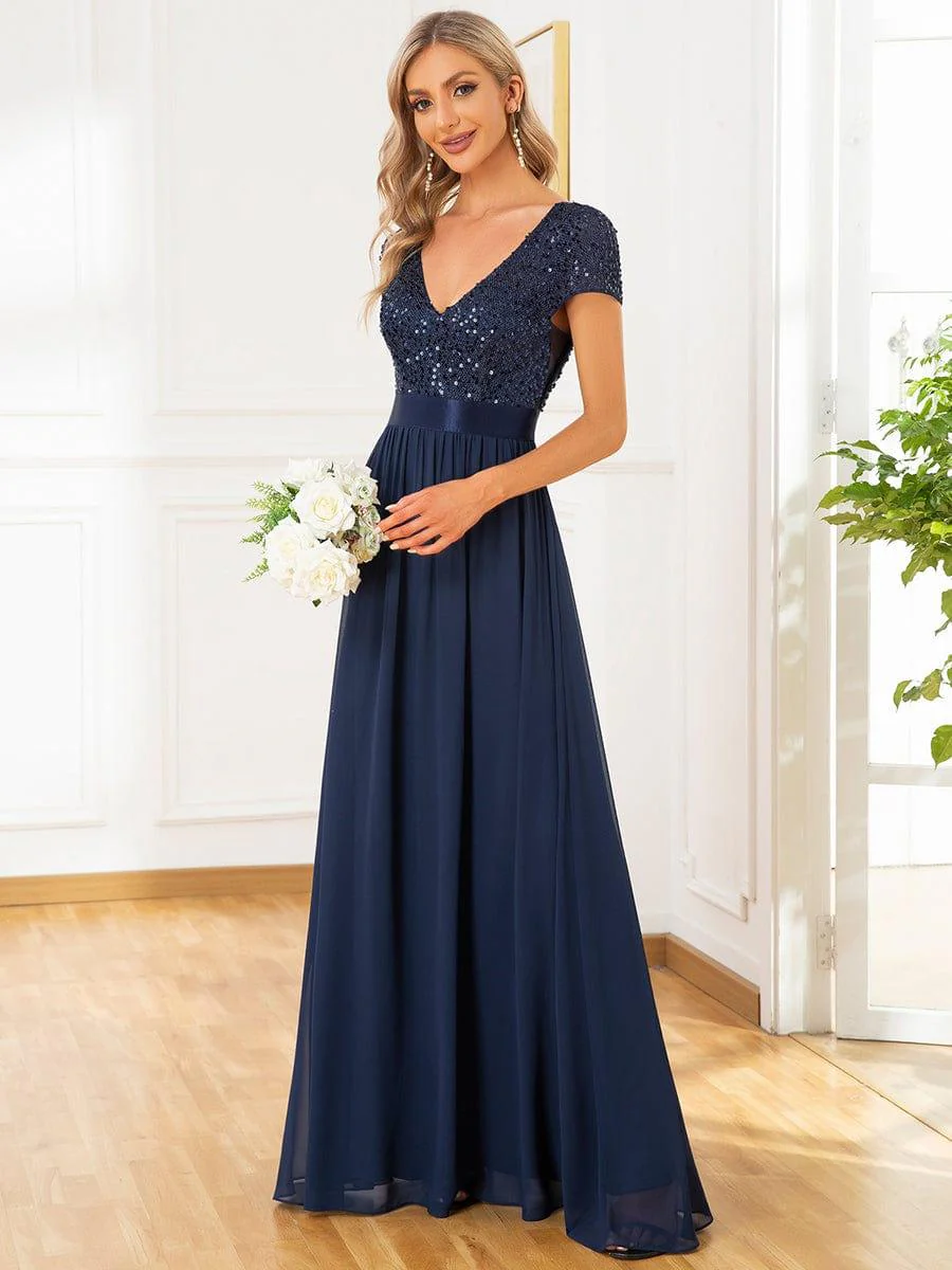 ever MIRAGE|V-Neck Cap Sleeve Sequin & Chiffon Empire Waist Evening Dress - Image 3